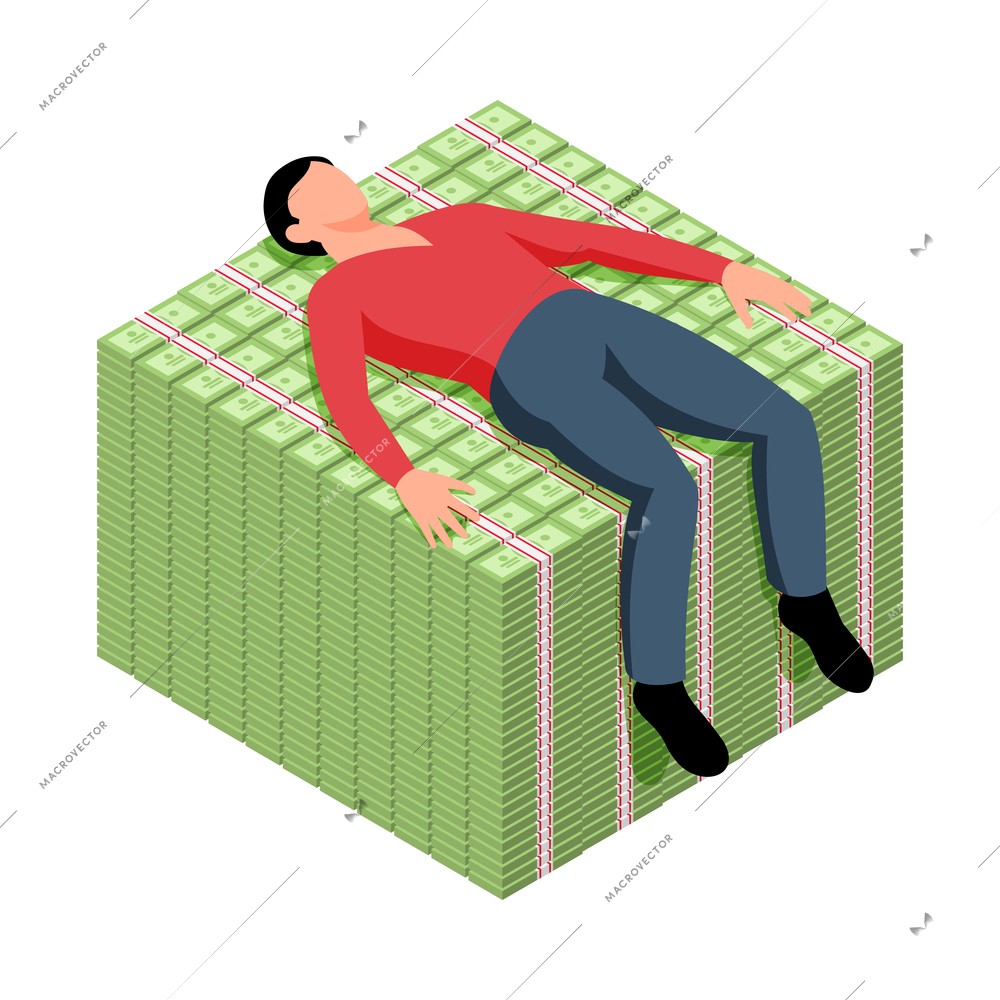 Isometric money rich man shopping composition with human character lying on cube of cash vector illustration