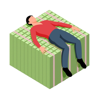 Isometric money rich man shopping composition with human character lying on cube of cash vector illustration