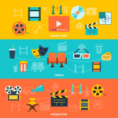 Cinema movie premiere tickets video online film production retro symbols  horizontal banners set abstract flat vector illustration