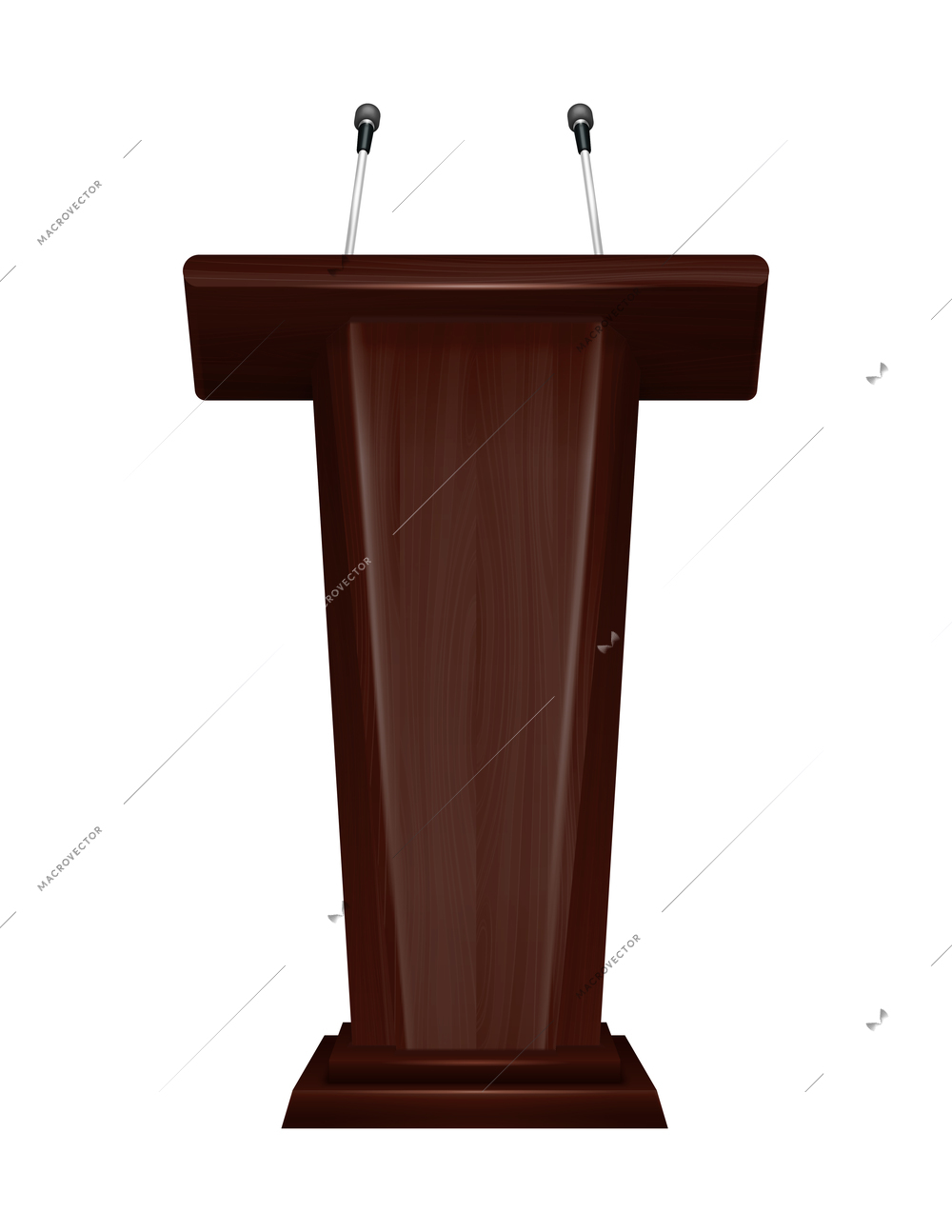 Tribune realistic composition with microphones for briefing conference or lecture isolated vector illustration