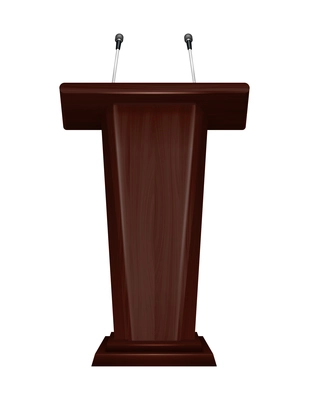 Tribune realistic composition with microphones for briefing conference or lecture isolated vector illustration