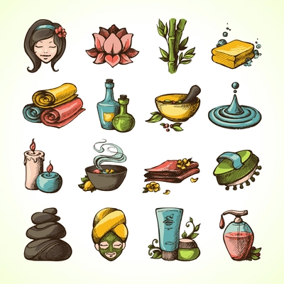 Spa Massage Therapy Wellness Sketch Colored Decorative Icons Set Vector Illustration