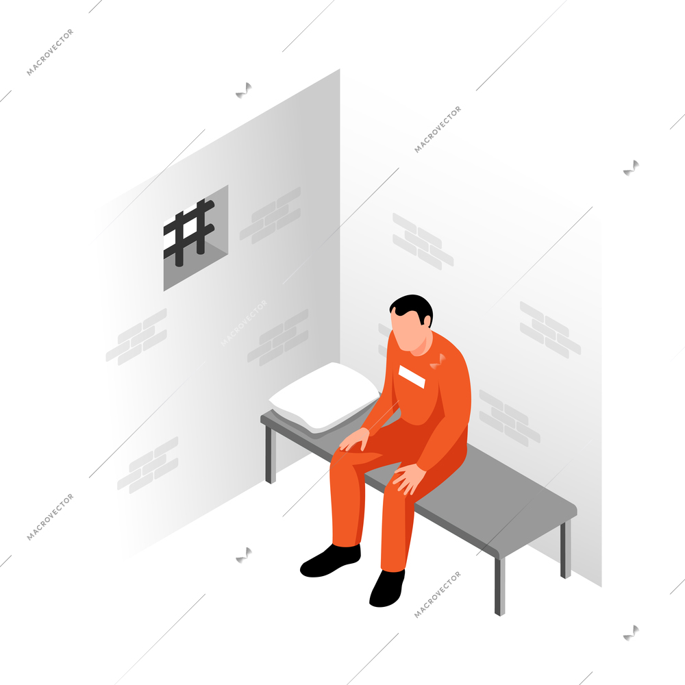 Isometric jail inmates criminals arrested prison composition with character of prisoner in cell vector illustration