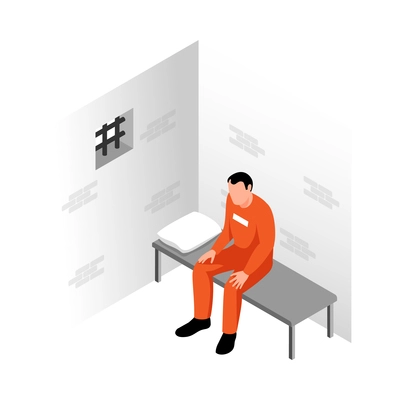 Isometric jail inmates criminals arrested prison composition with character of prisoner in cell vector illustration