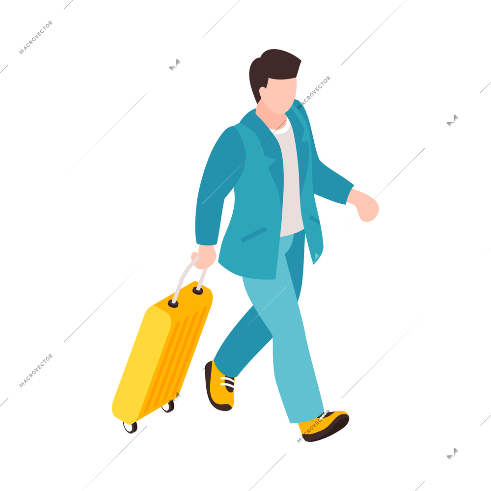 Isometric airport composition with isolated human character of passenger on blank background vector illustration