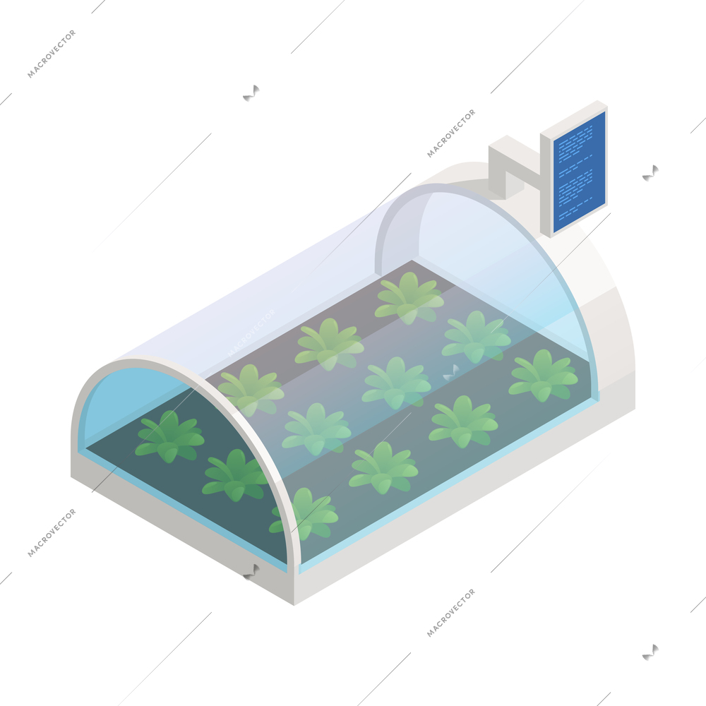 Modern green house isometric composition with isolated image of futuristic gardening appliance smart garden vector illustration