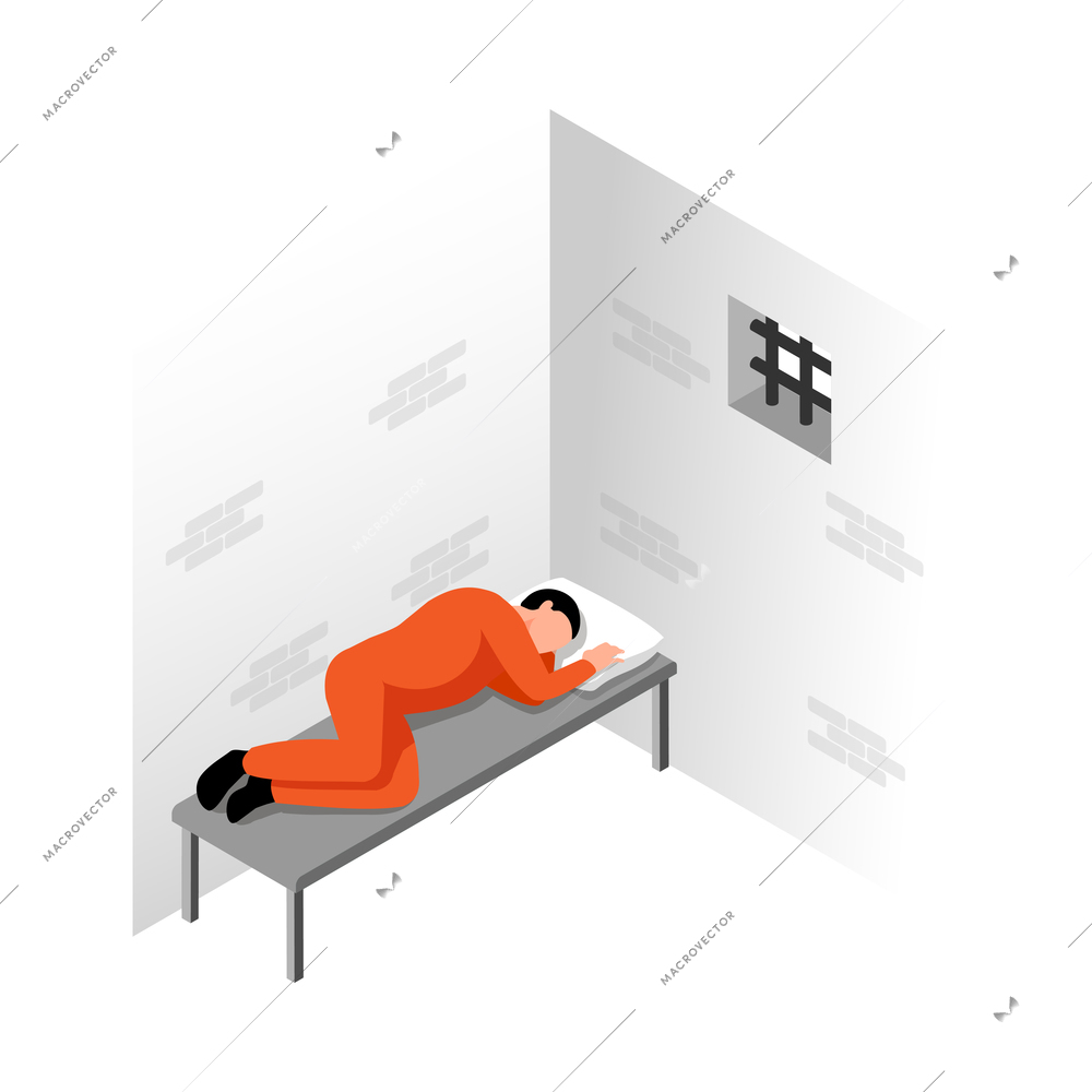 Isometric jail inmates criminals arrested prison composition with character of prisoner in cell vector illustration