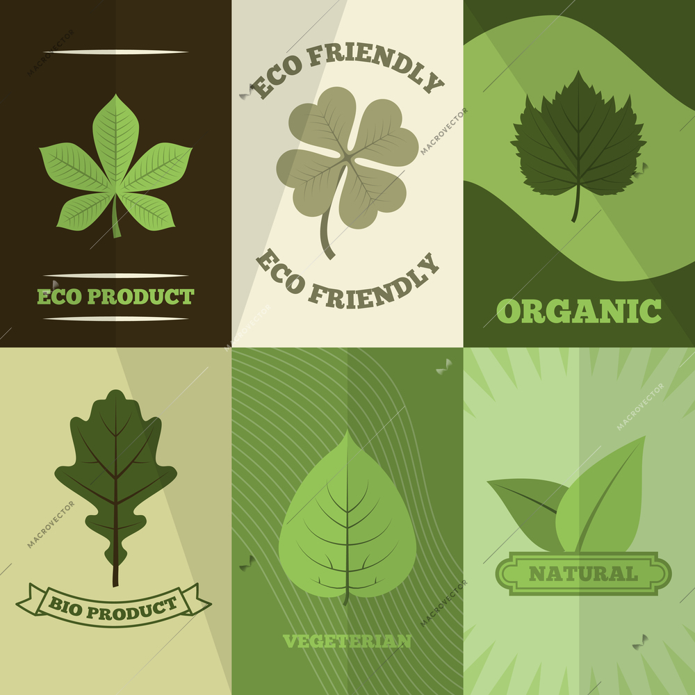 Green clover trefoil leaves organic natural bio products labels six flat icons composition abstract isolated vector illustration