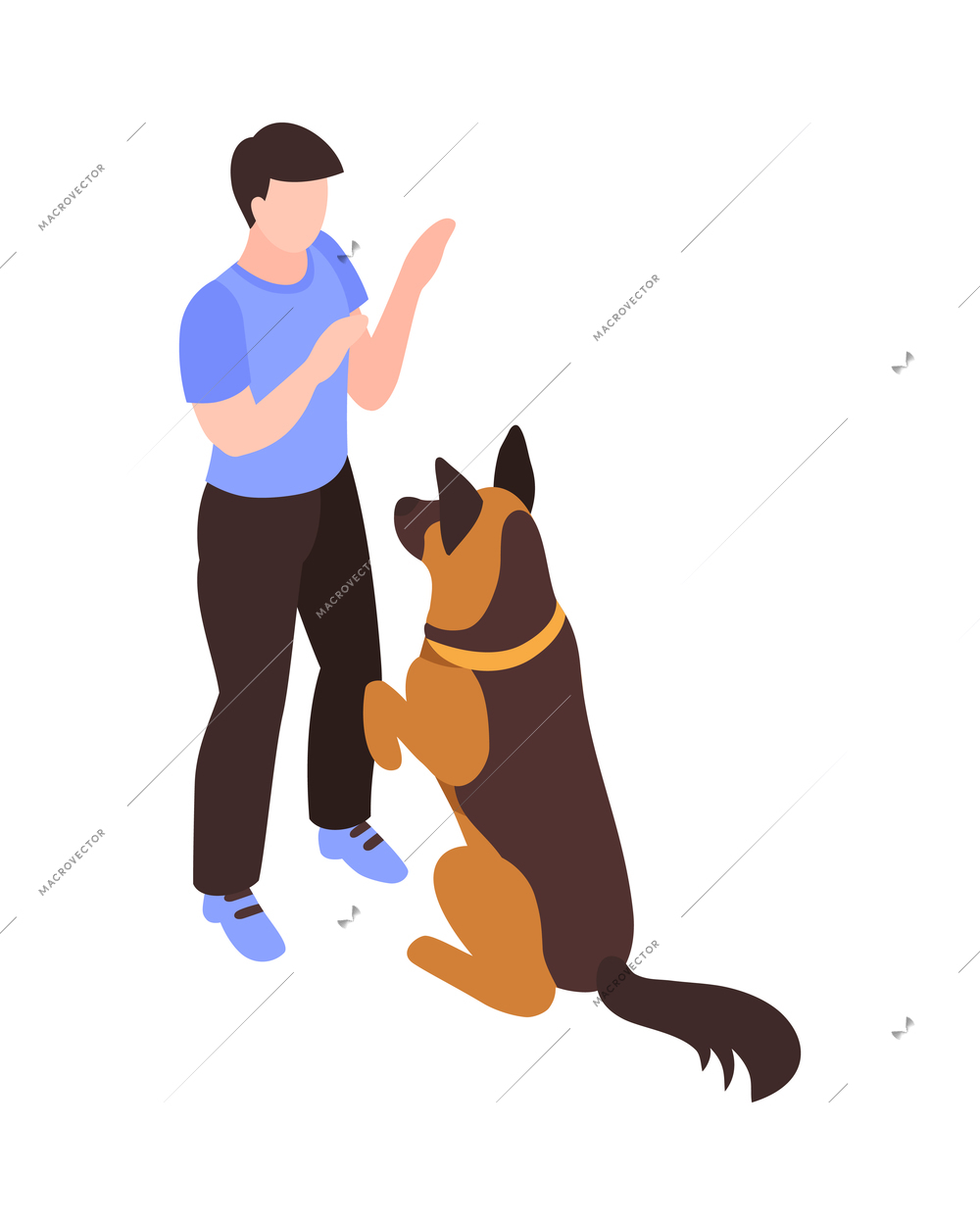 Isometric one day dog man owner composition with isolated image of puppy with human character vector illustration