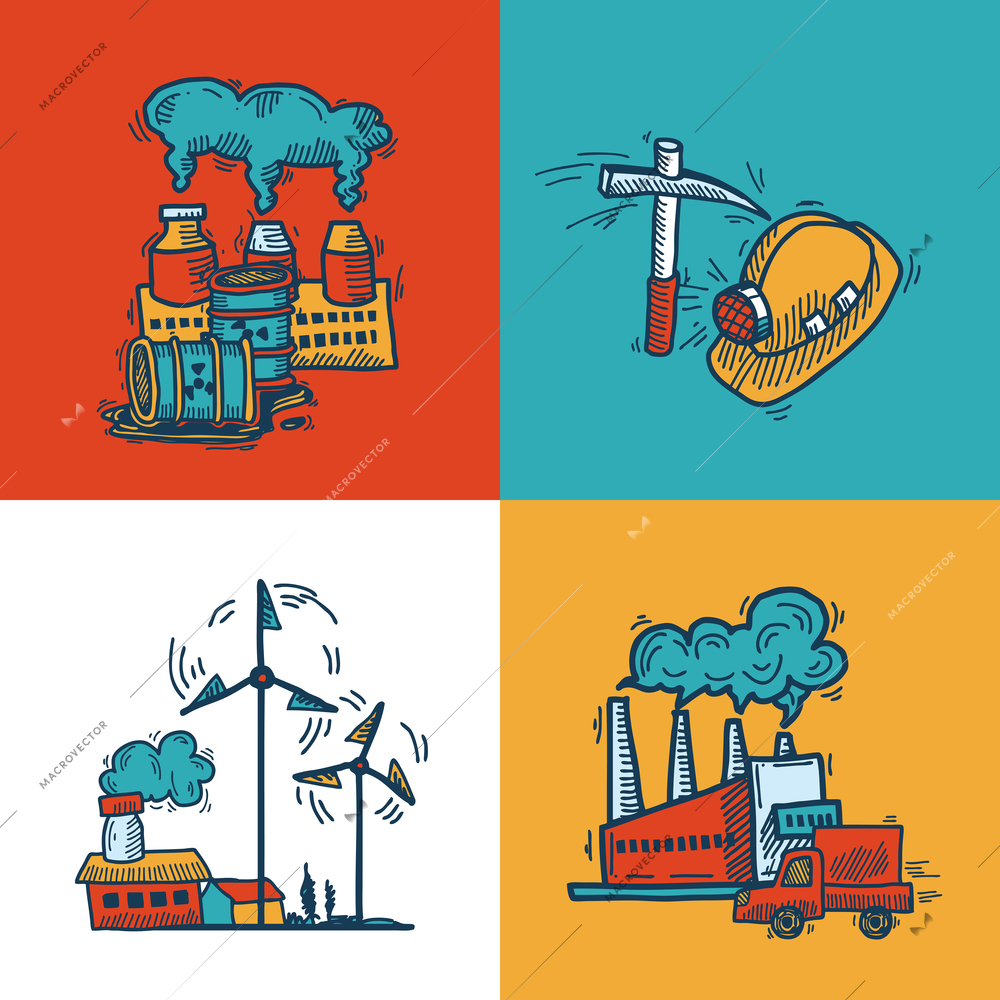 Industrial colored sketch flat icons design set with plants mining energy and transportation symbols isolated vector illustration