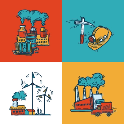 Industrial colored sketch flat icons design set with plants mining energy and transportation symbols isolated vector illustration