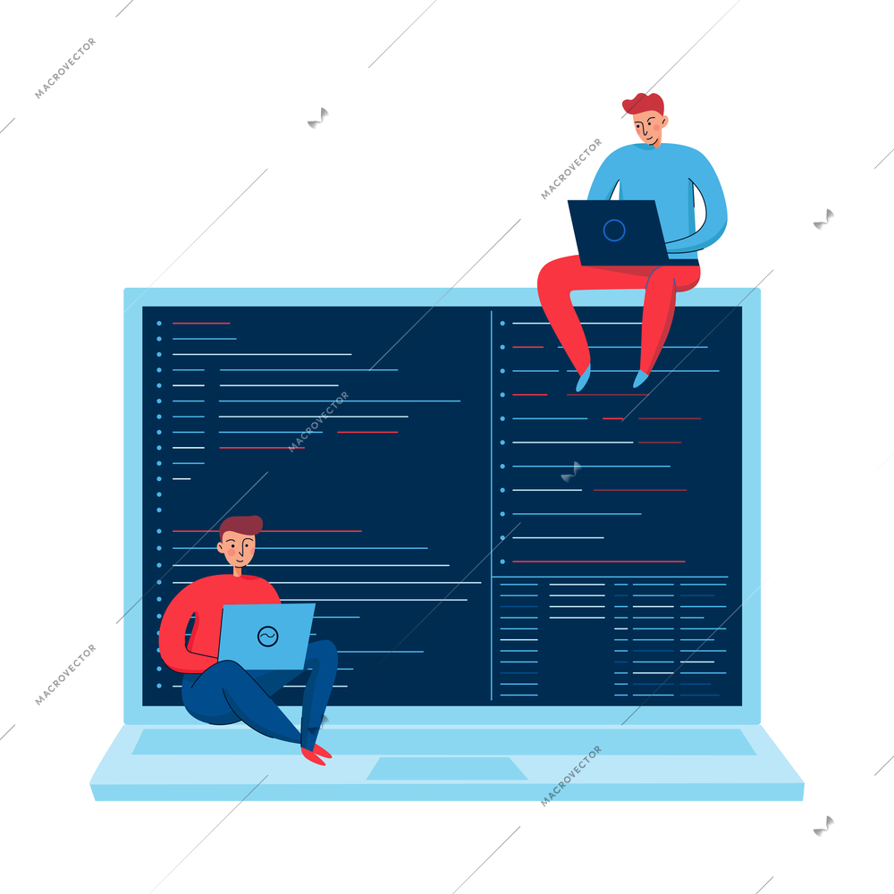 Programmer professional composition with doodle style human characters and screens with code vector illustration