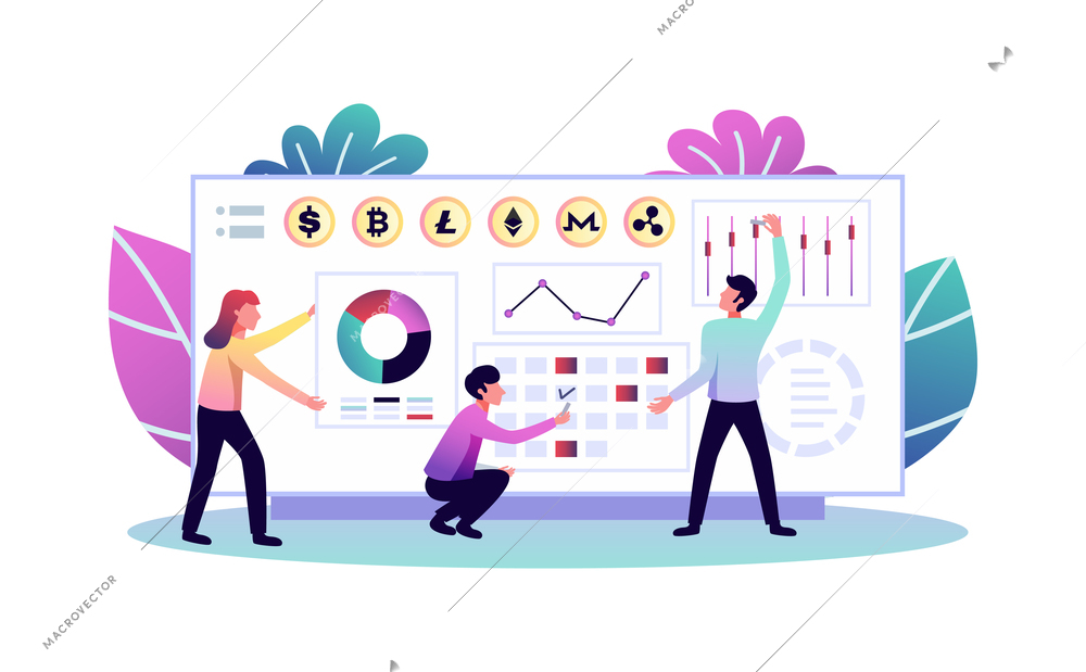 Digital investment finance trading composition with colourful icons and human characters vector illustration