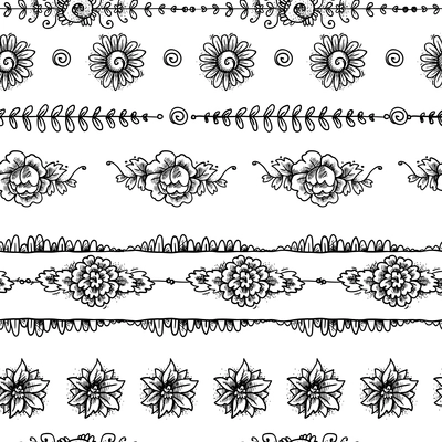 Vintage decorative postcard sketch floral seamless borders set vector illustration.