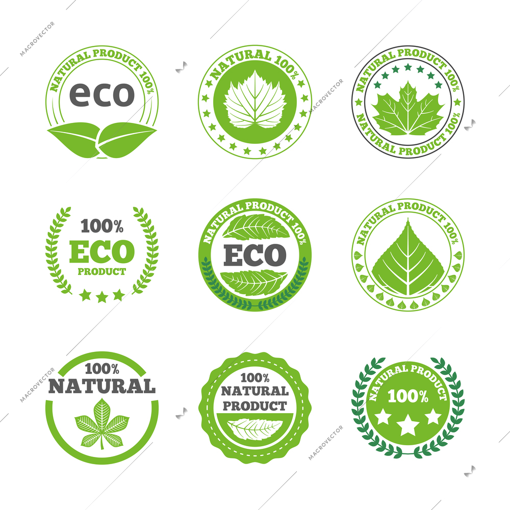 Ecological green leaves symbols earth friendly organic quality bio products round labels collection abstract isolated vector illustration