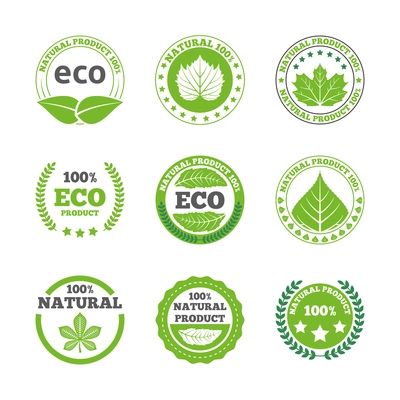 Ecological green leaves symbols earth friendly organic quality bio products round labels collection abstract isolated vector illustration