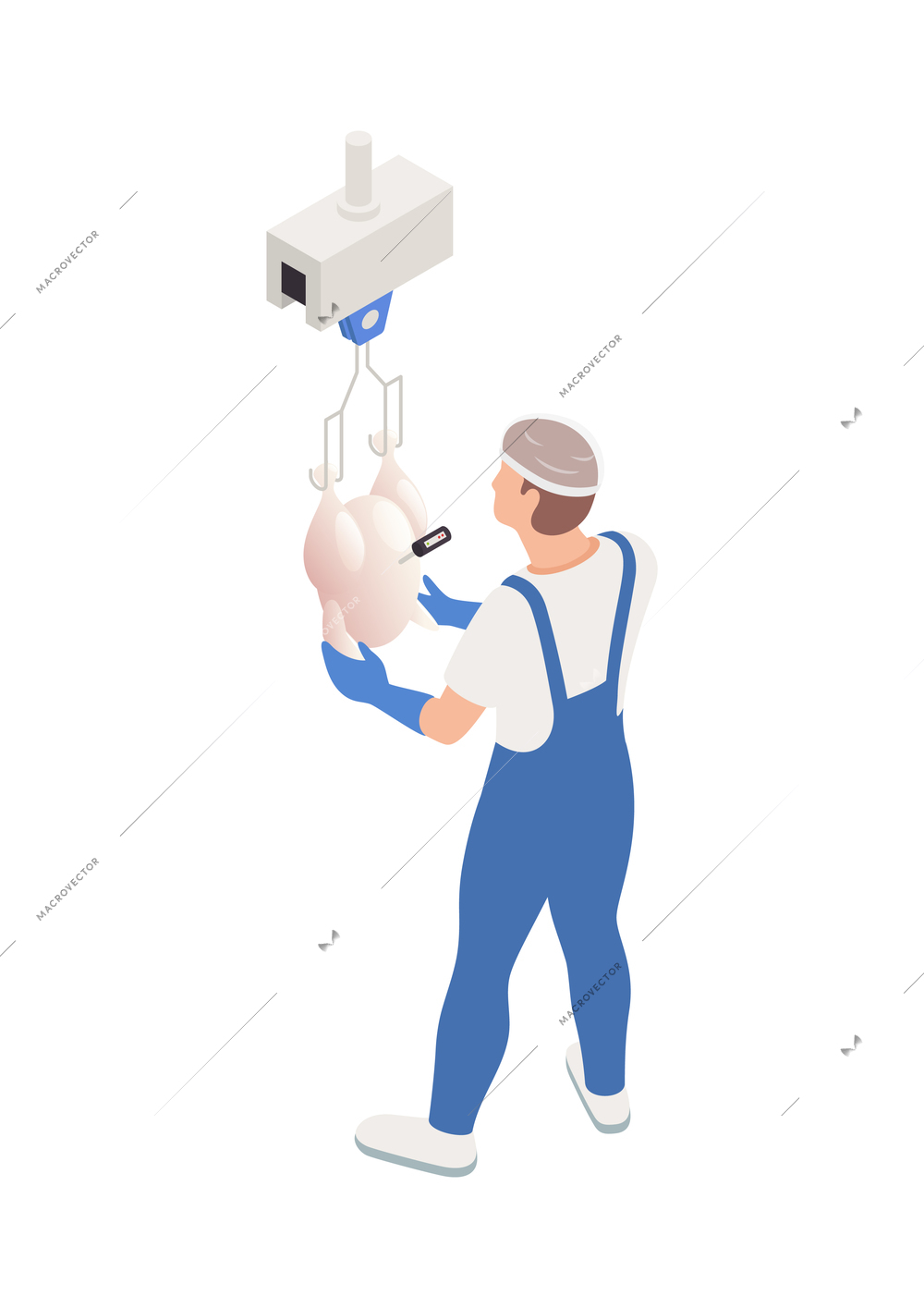 Chicken poultry production farm isometric composition with isolated character of factory worker vector illustration
