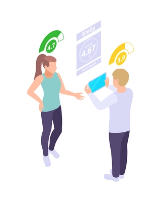 Social credit score system isometric composition with human characters rating pictograms and profile vector illustration