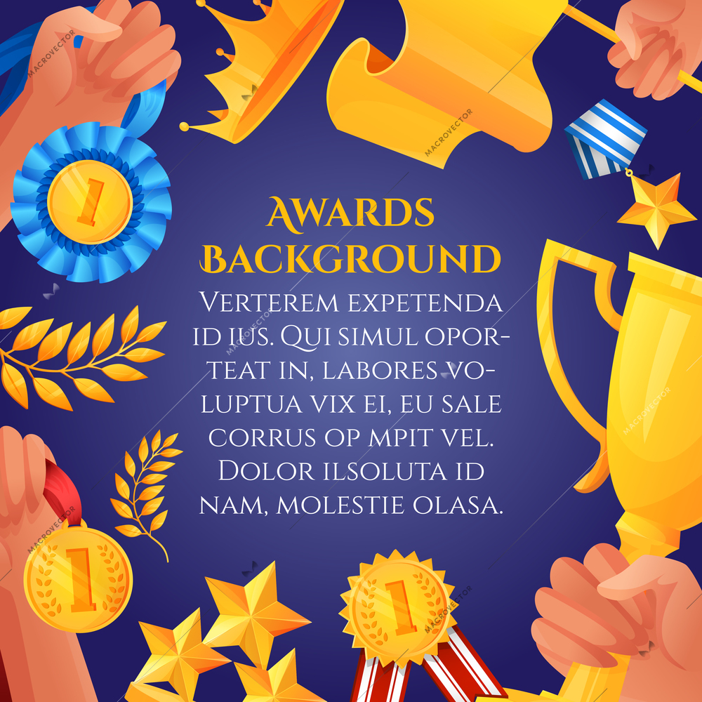 Award and prizes poster with hands holding victory cups and champion medals vector illustration.