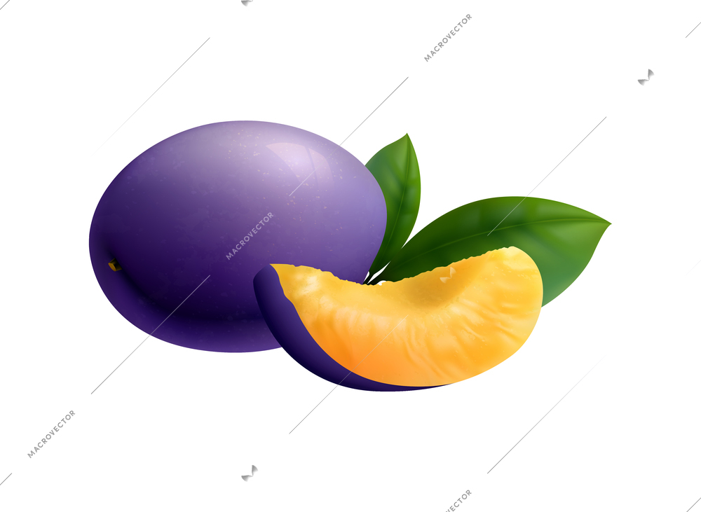 Fruits realistic composition with isolated images of solid ripe fruit with slice on blank background vector illustration