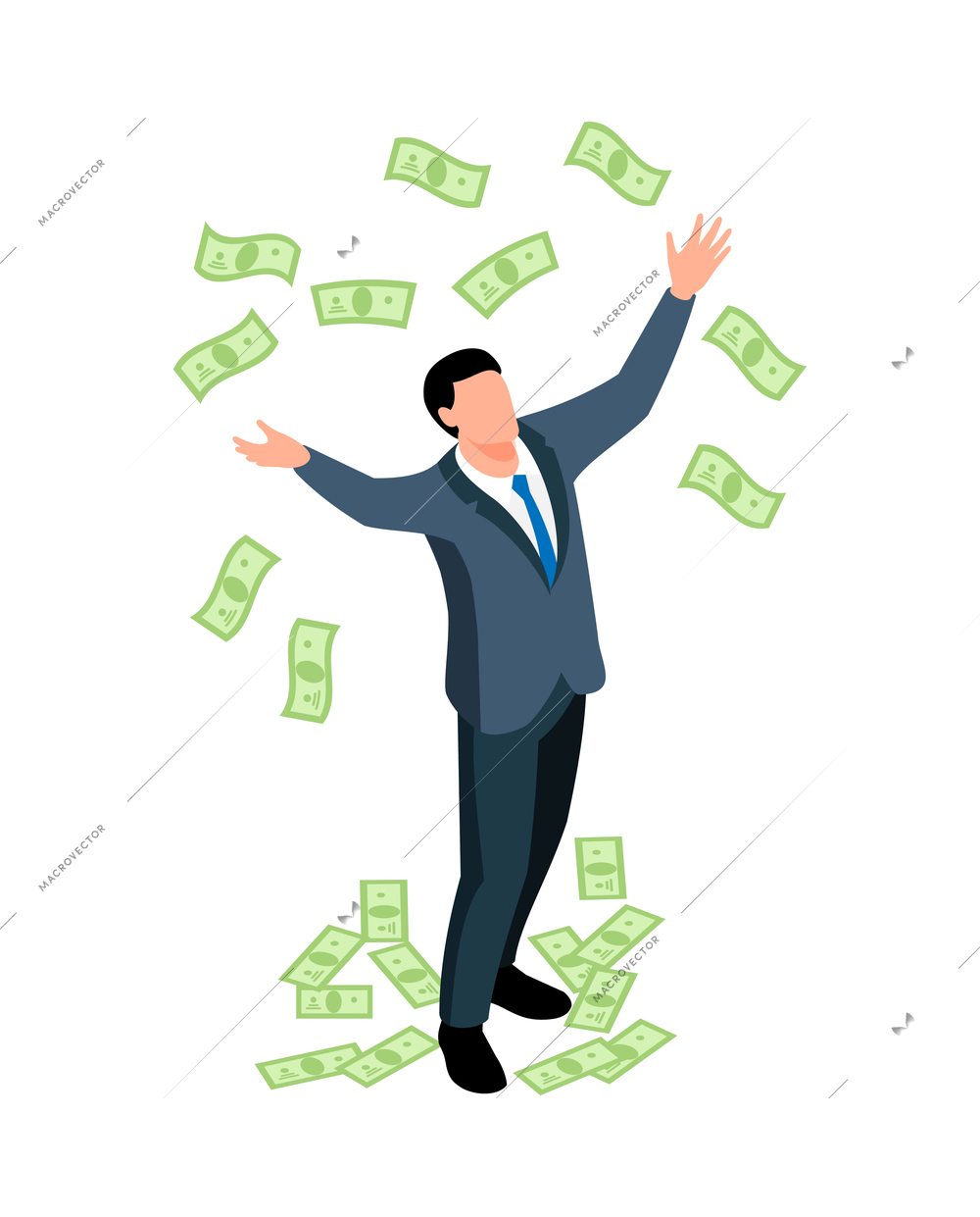 Isometric money rich man shopping composition with isolated human character of rich person vector illustration