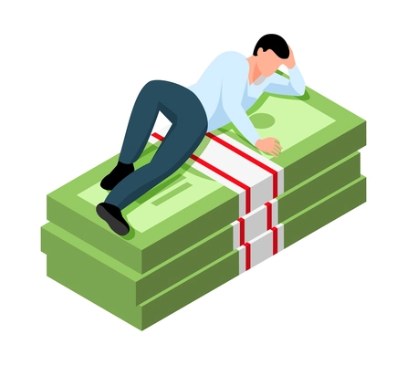 Isometric money rich man shopping composition with isolated human character of rich person vector illustration