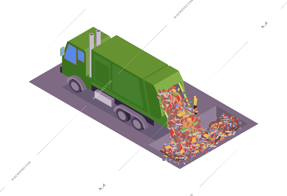 Isometric garbage recycling composition with sorting and pressing recycle infrastructure elements vector illustration