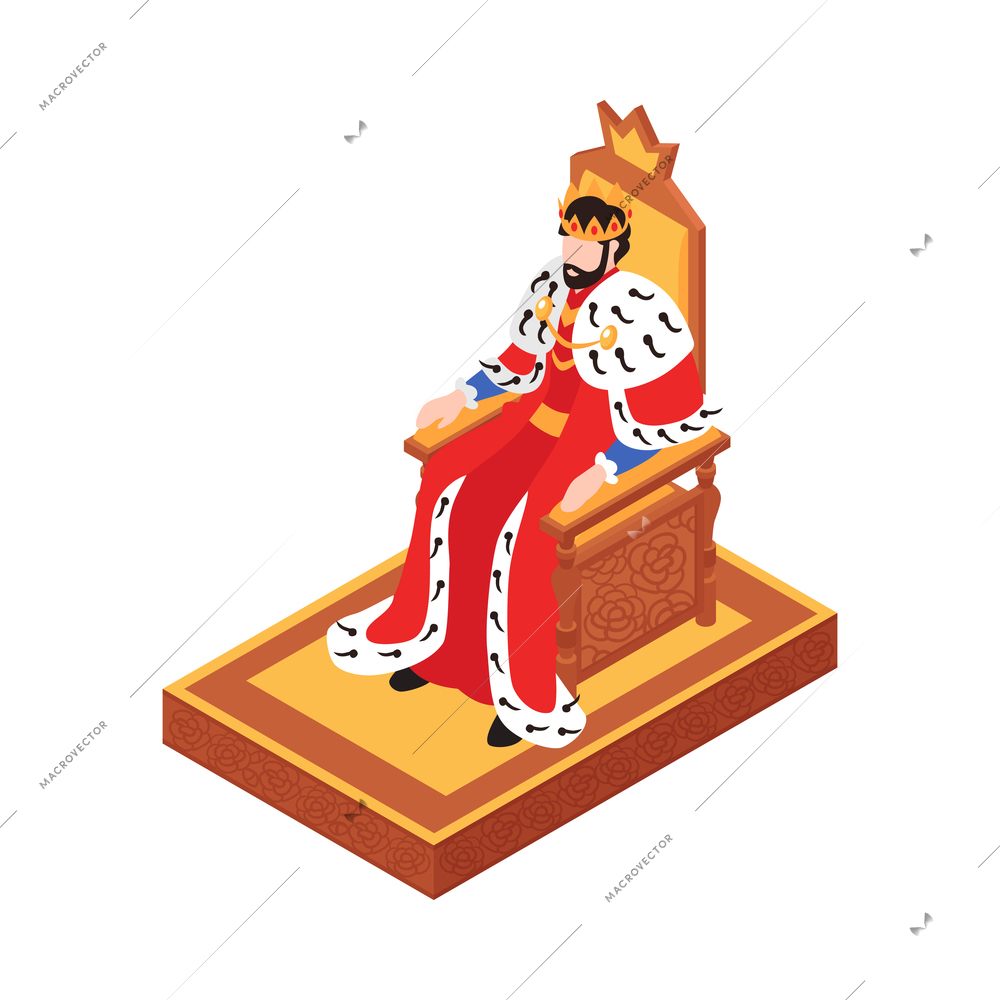 Isometric medieval castle royal hall interior composition with isolated human character on blank background vector illustration