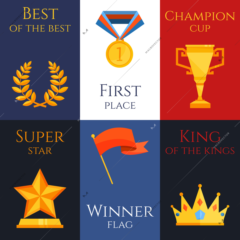 Award best of the best first place champion cup super star winner flag king of the kings mini poster set isolated vector illustration