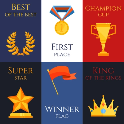 Award best of the best first place champion cup super star winner flag king of the kings mini poster set isolated vector illustration