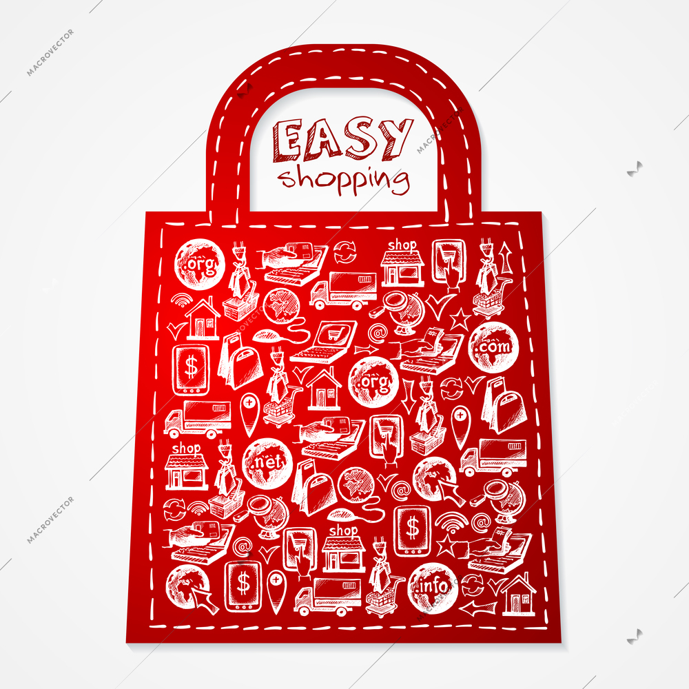 Internet shopping e-commerce sketch icons set in bag shape vector illustration