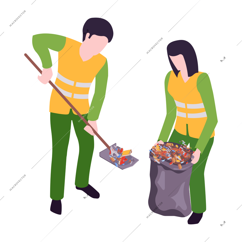 Isometric garbage recycling composition with sorting and pressing recycle infrastructure elements vector illustration