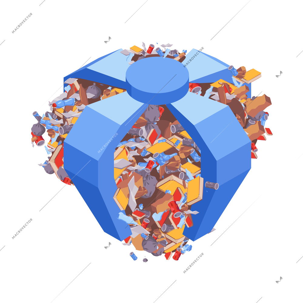 Isometric garbage recycling composition with sorting and pressing recycle infrastructure elements vector illustration