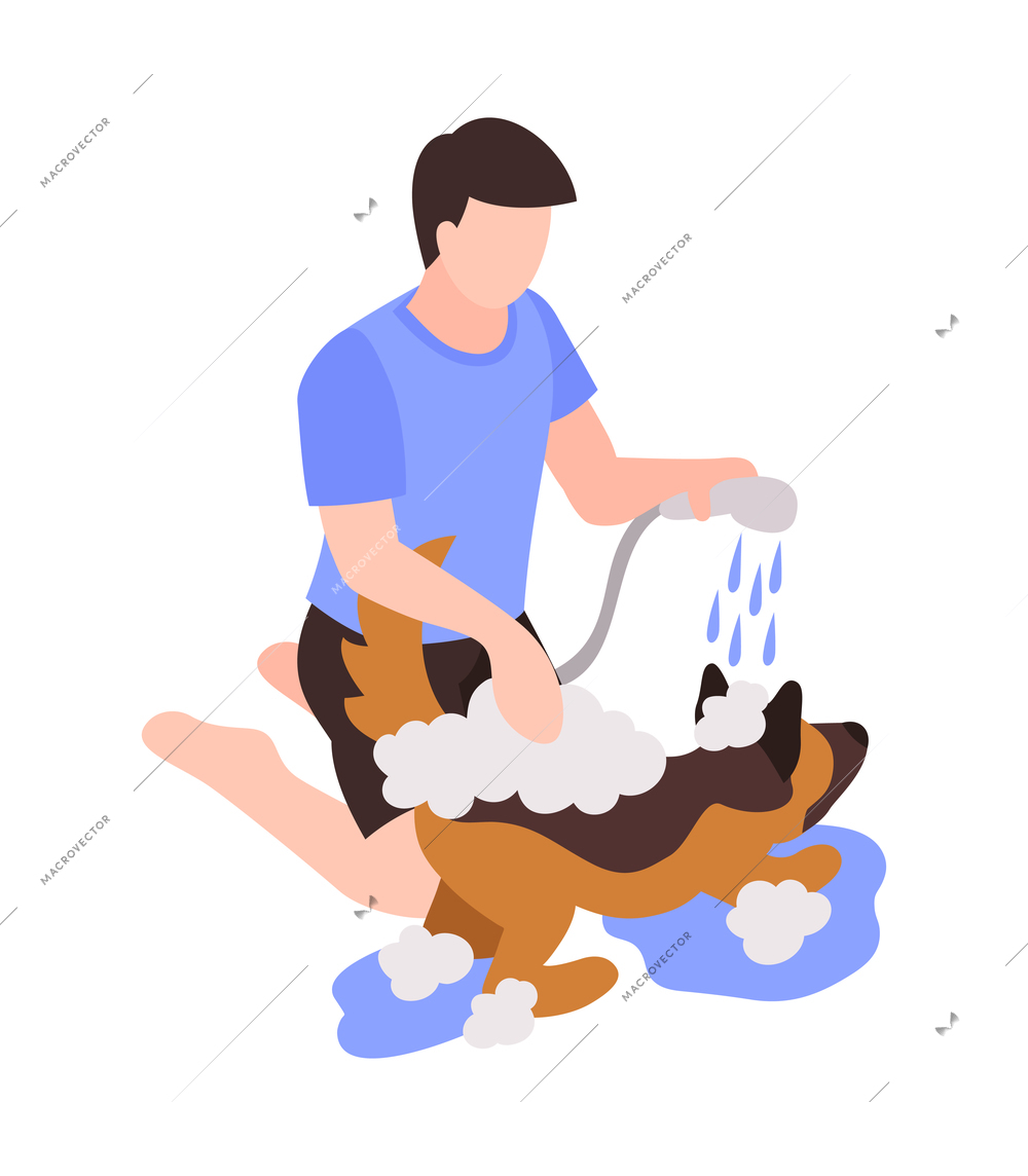 Isometric one day dog man owner composition with isolated image of puppy with human character vector illustration