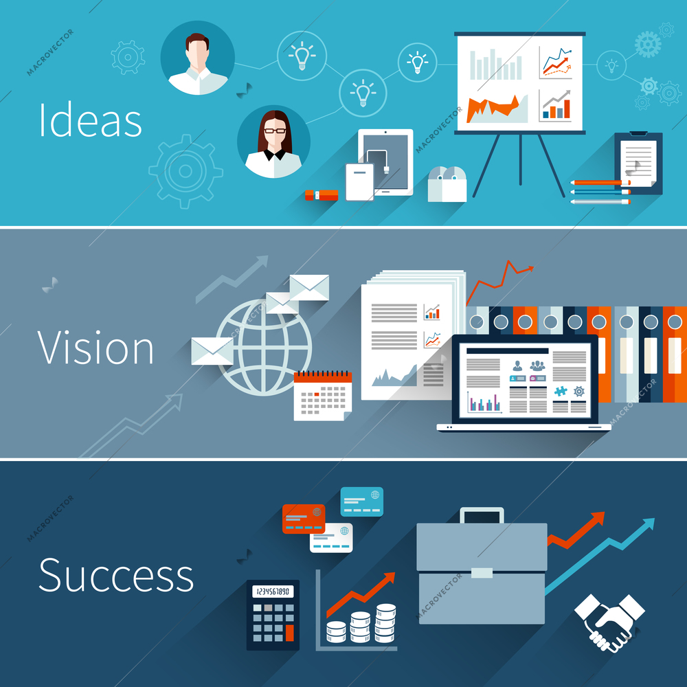 Business flat banner set with ideas vision success isolated vector illustration