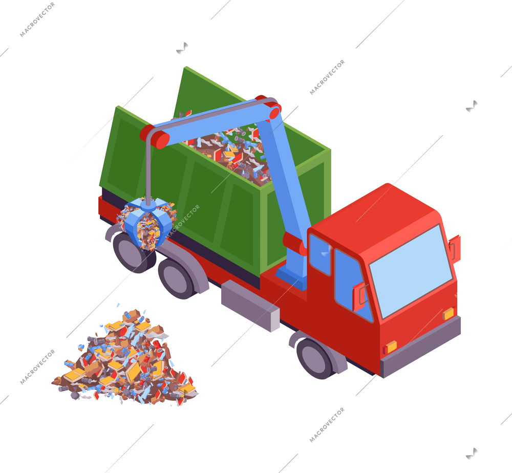 Isometric garbage recycling composition with sorting and pressing recycle infrastructure elements vector illustration