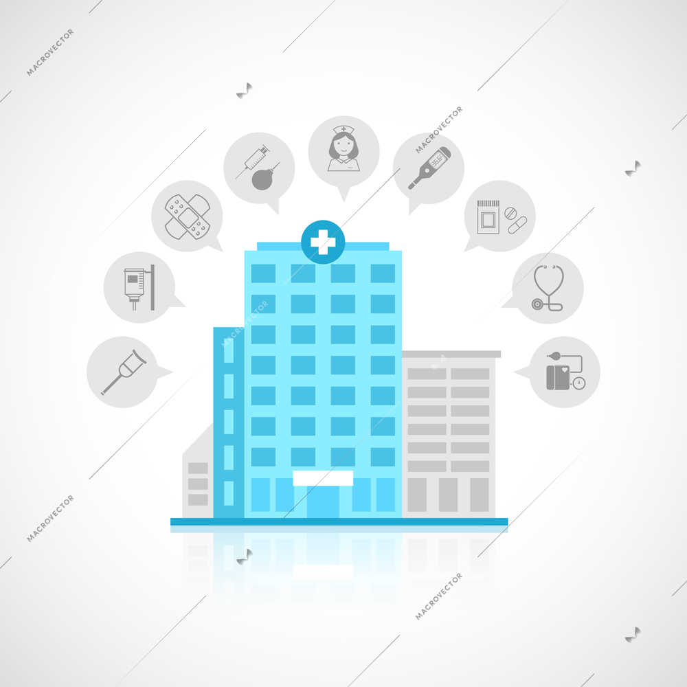 Medical flat building with emergency center clinic hospital and doctor avatars decorative icons set vector illustration