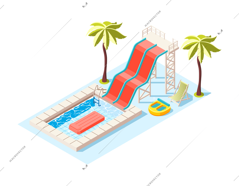 Aqua park isometric composition with view of aquapark scenery with play equipment on blank background vector illustration