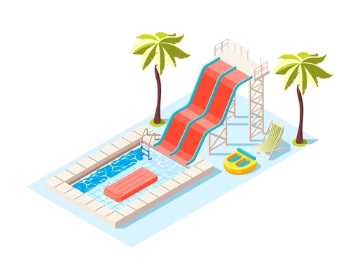 Aqua park isometric composition with view of aquapark scenery with play equipment on blank background vector illustration