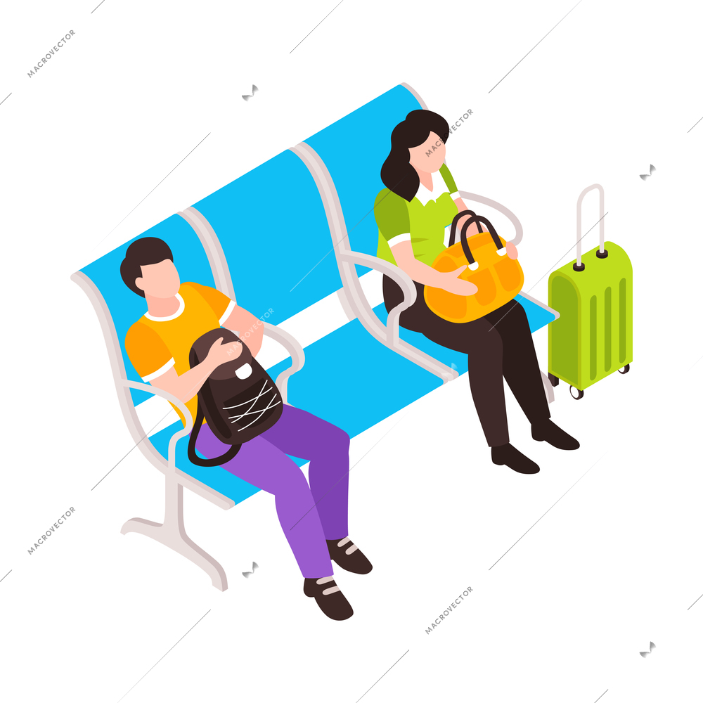 Isometric airport composition with isolated section of airport terminal zone with human characters vector illustration
