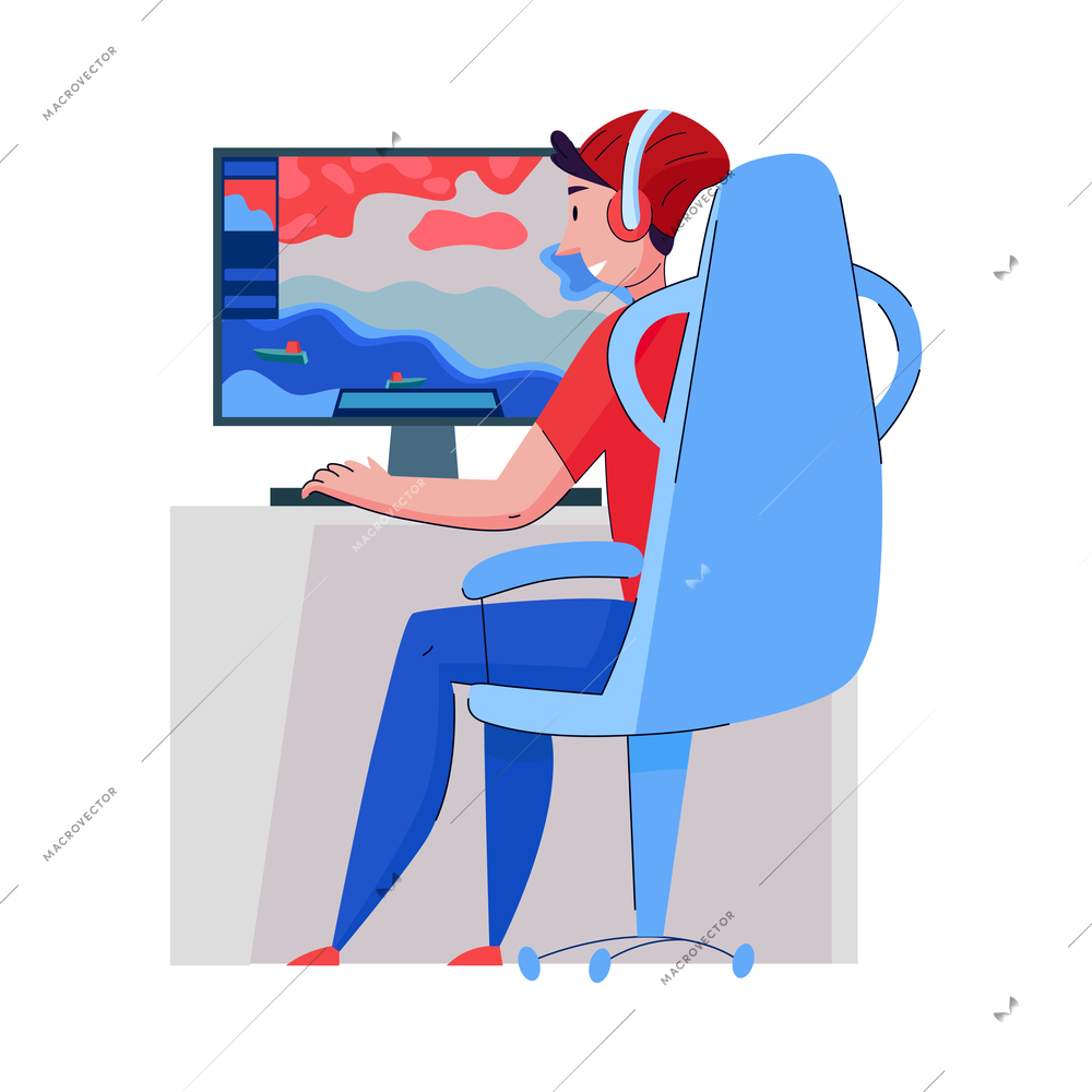 Cyber sport composition with doodle style human character gaming at computer workstation vector illustration