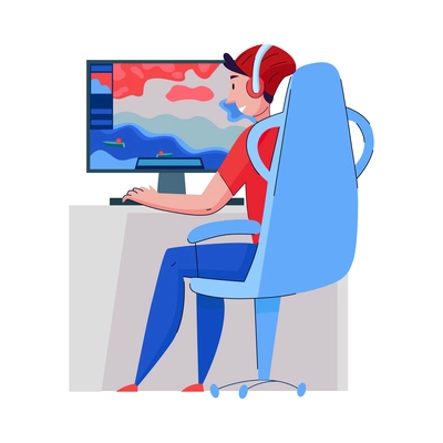 Cyber sport composition with doodle style human character gaming at computer workstation vector illustration