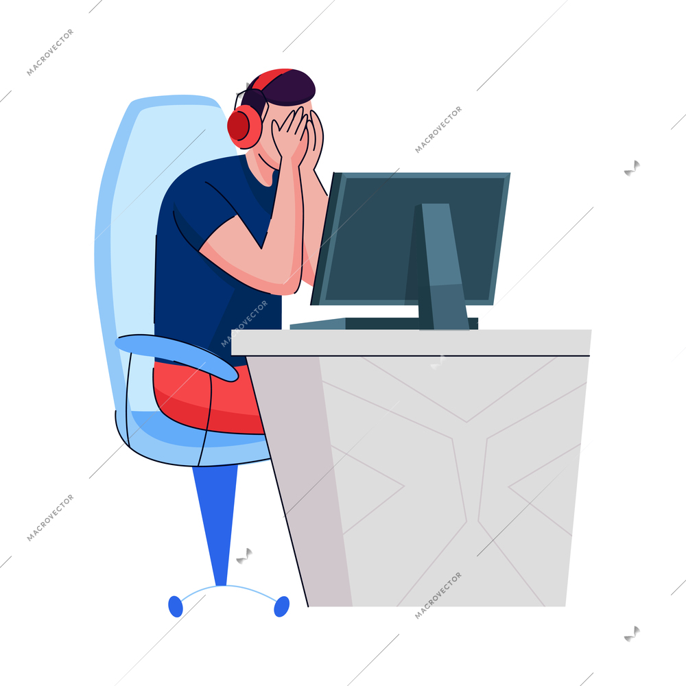 Cyber sport composition with doodle style human character gaming at computer workstation vector illustration