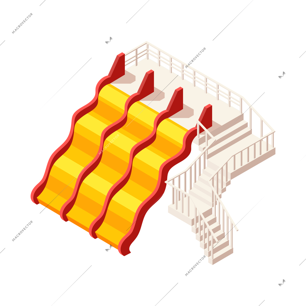 Aqua park isometric composition with isolated image of aquapark equipment on blank background vector illustration