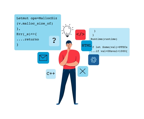 Programmer professional composition with doodle style human characters and screens with code vector illustration