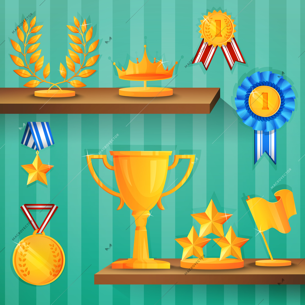 Awards laurel wreath crown cup and prizes on shelves background vector illustration