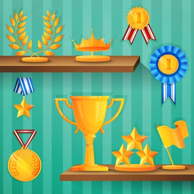 Awards laurel wreath crown cup and prizes on shelves background vector illustration