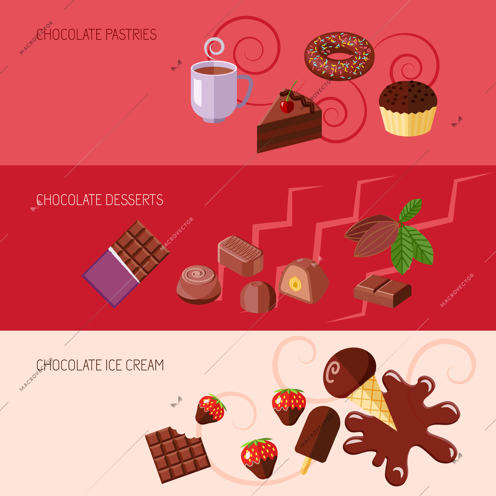 Chocolate flat banners set with pastries desserts ice cream isolated vector illustration