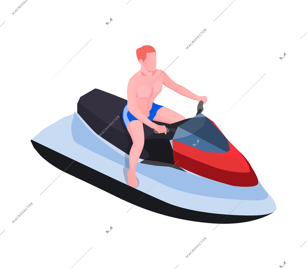 Water sports isometric composition with human character of athlete with aqua sport equipment vector illustration