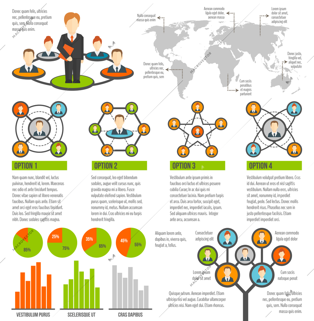 Connected people social network infographics set with charts and world map vector illustration